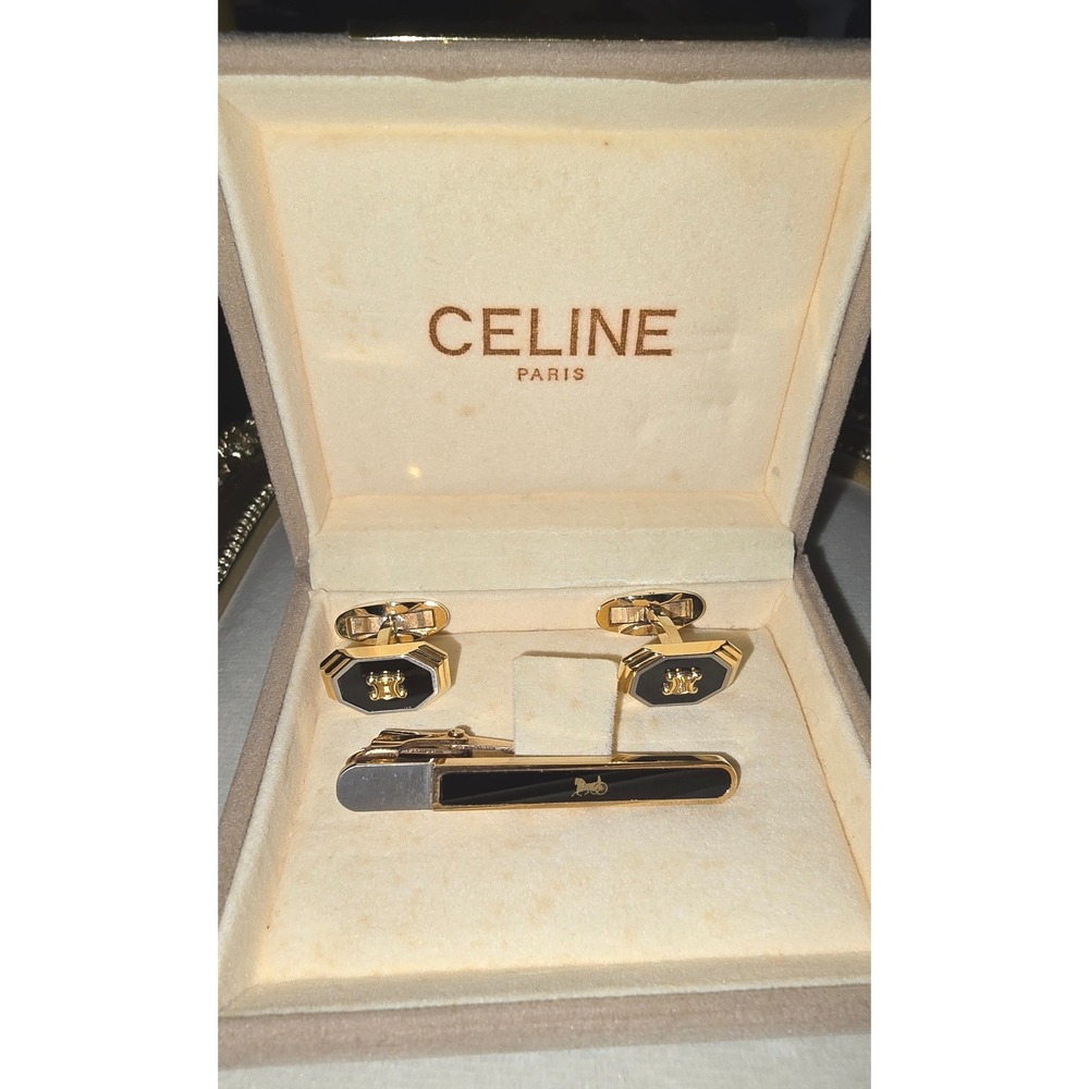 Vintage Celine Paris Black Enamel/Gold Tone Cufflinks & Tie Clip w. Original Box